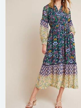 Maeve Mixed Floral Maxi Dress in Navy, Green and Yellow long sleeves